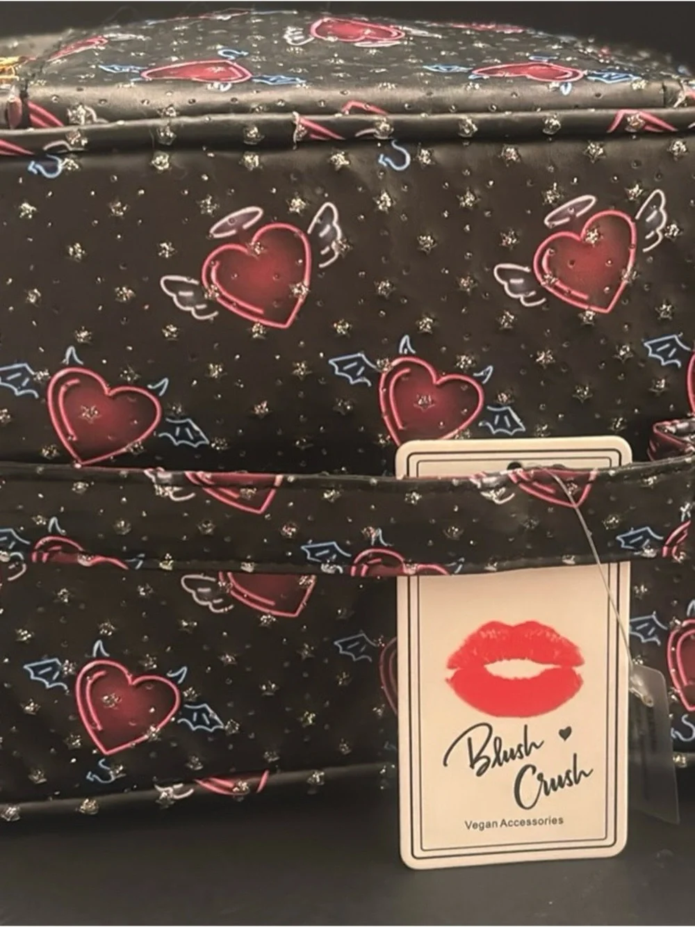 Black Cosmetic Pouch with Red Heart Print - Travel Makeup Case